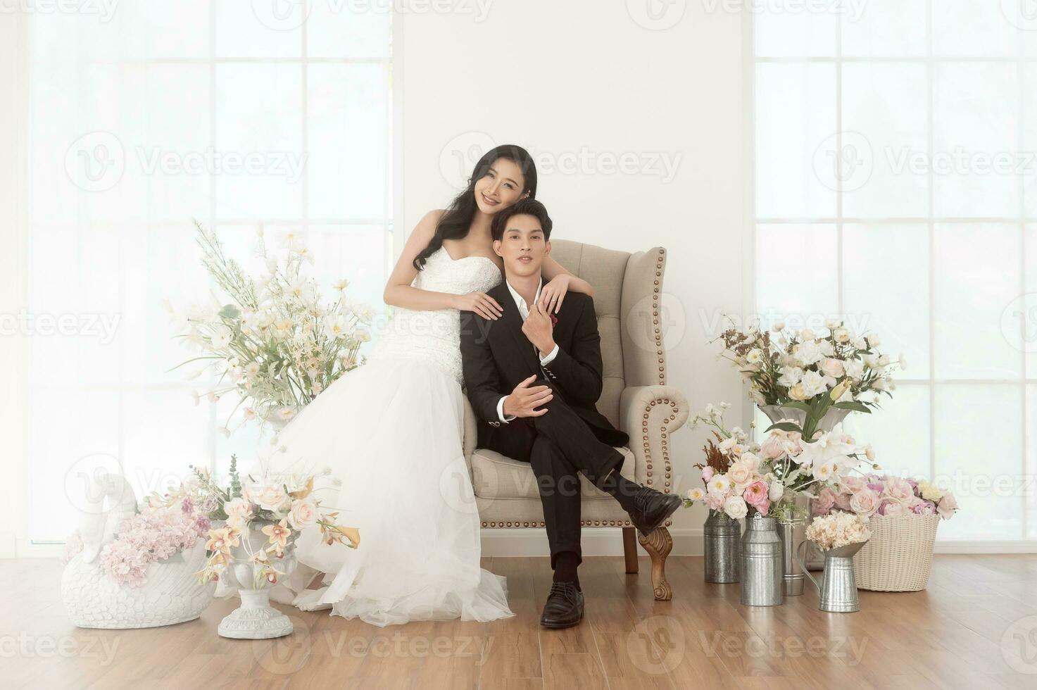 Couple of bride and groom enjoying romantic moments in wedding ceremony, Love, celebration and marriage. photo