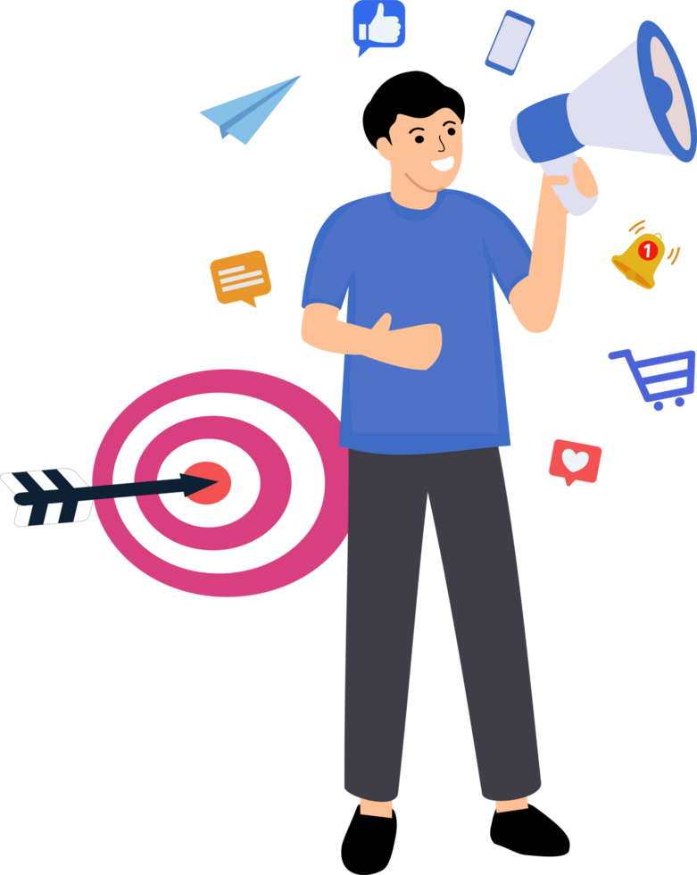 Social media marketing concept with character situations mega set or young man holding megaphone png