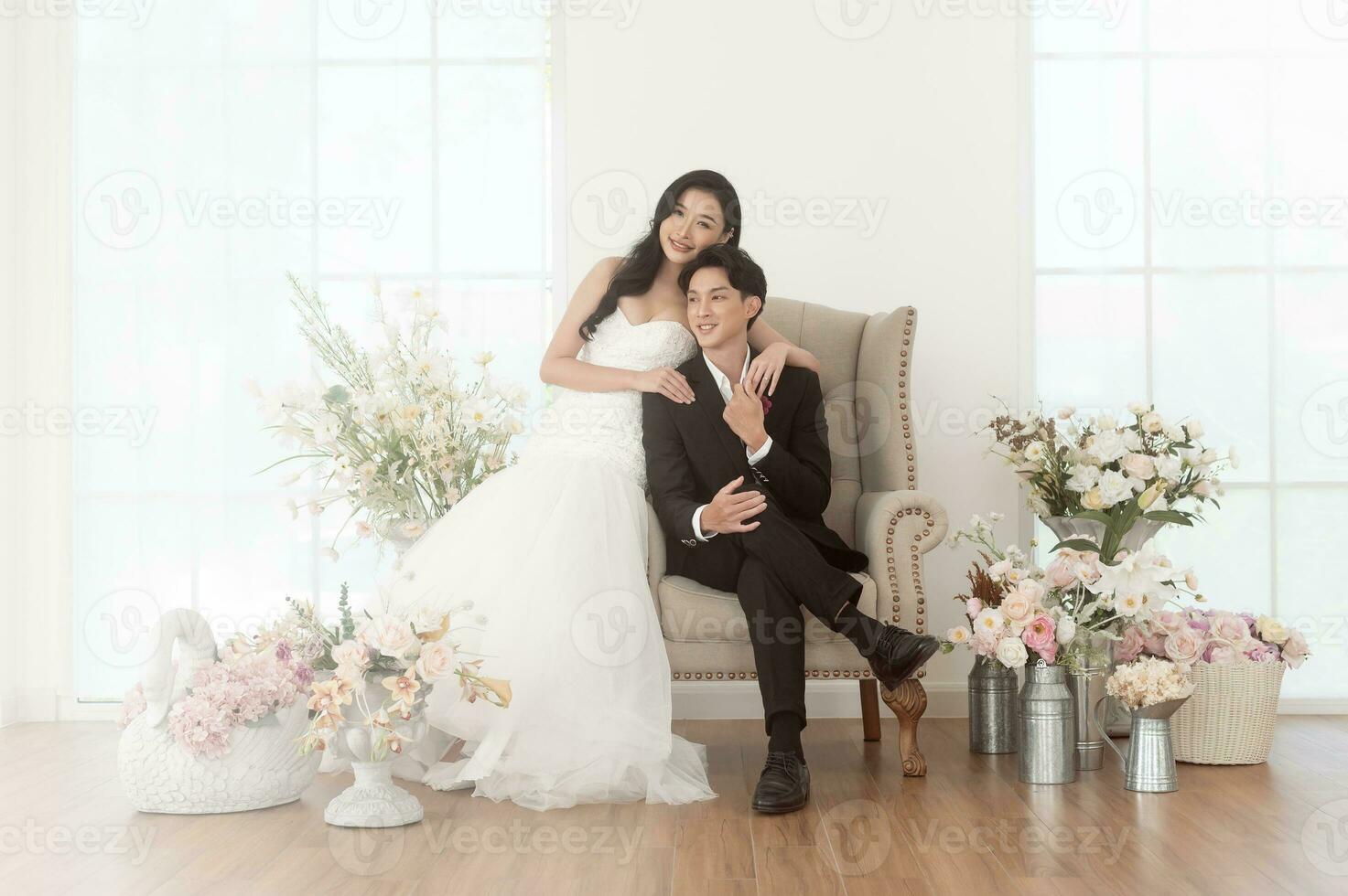 Couple of bride and groom enjoying romantic moments in wedding ceremony, Love, celebration and marriage. photo