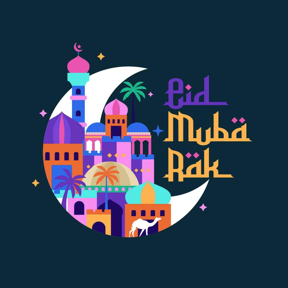 eid mubarak with arabian city and moon background vector