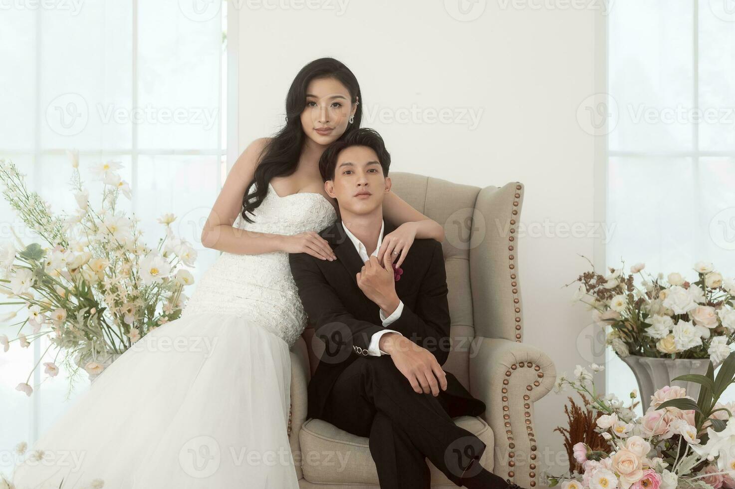 Couple of bride and groom enjoying romantic moments in wedding ceremony, Love, celebration and marriage. photo