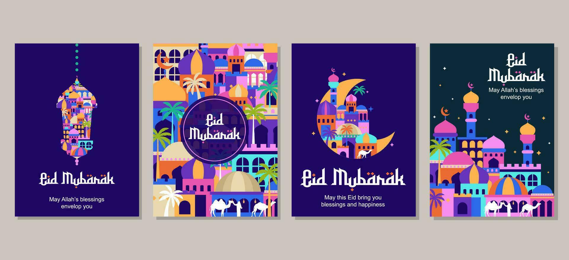 Set of eid mubarak al fitr islamic arabic mosque architecture illustration for a poster banner, cover template vector