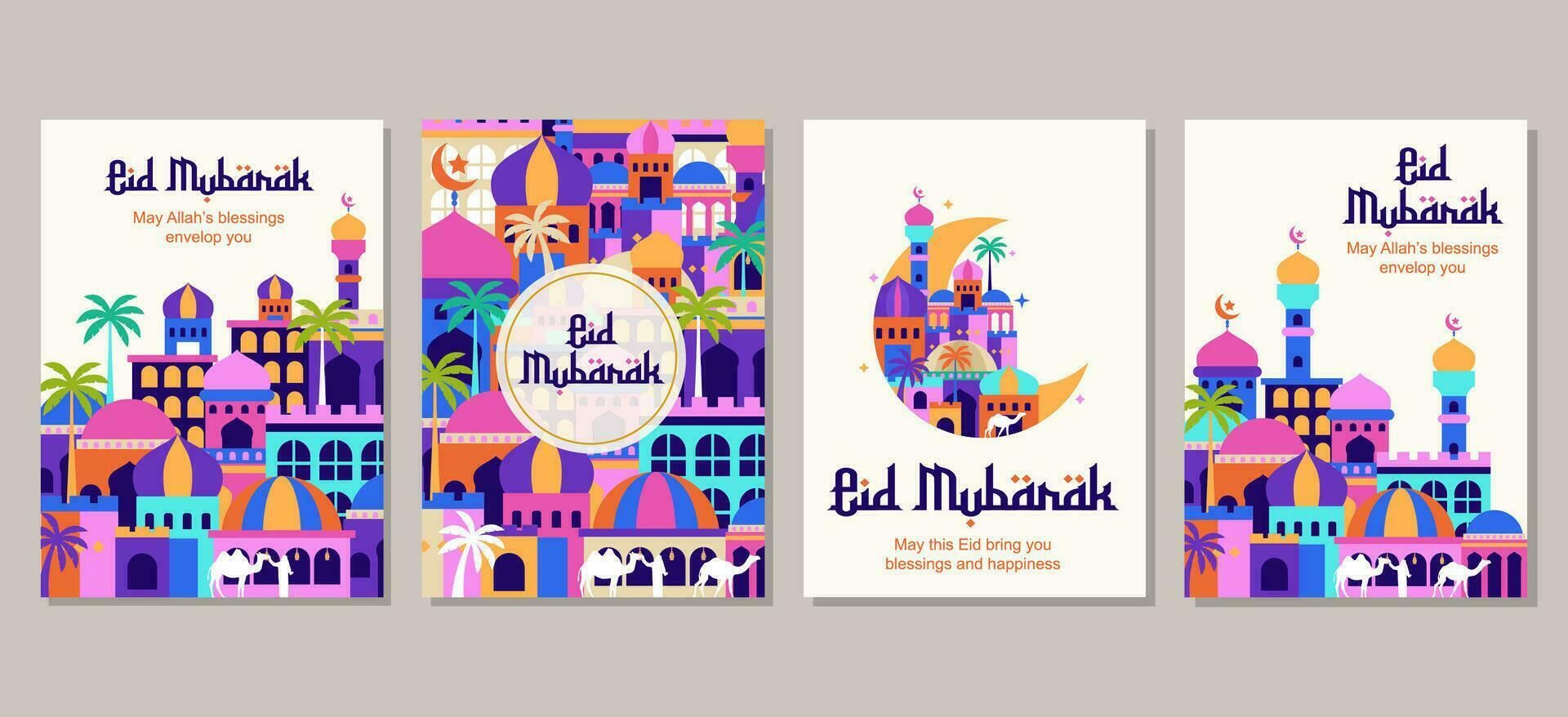 Set of eid mubarak al fitr islamic arabic mosque architecture illustration for a poster banner, cover template vector