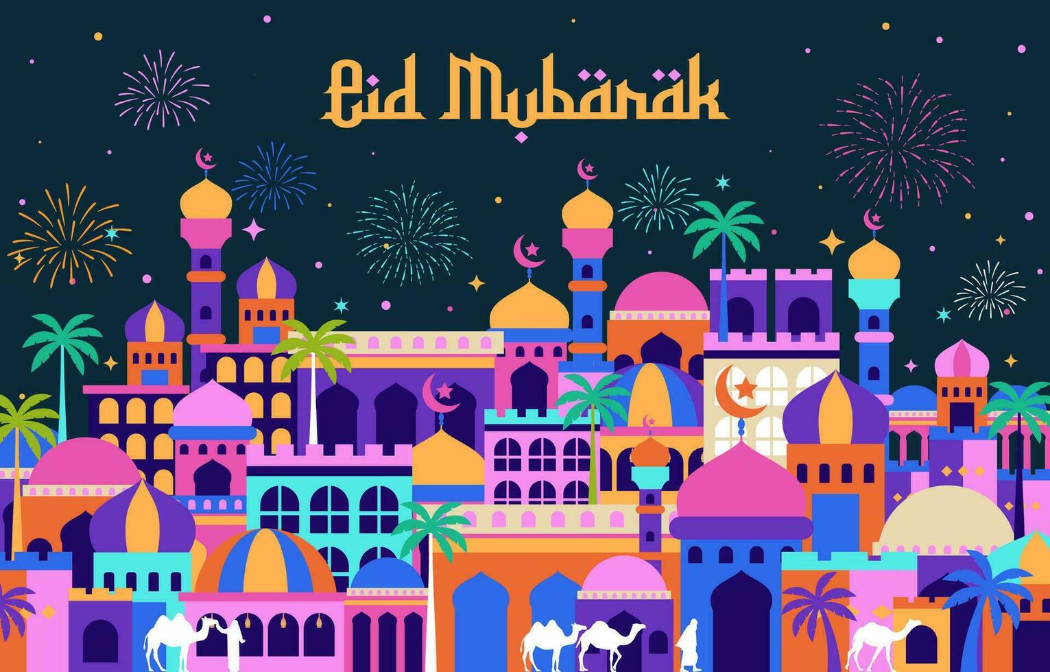 eid mubarak background with arabian night city vector