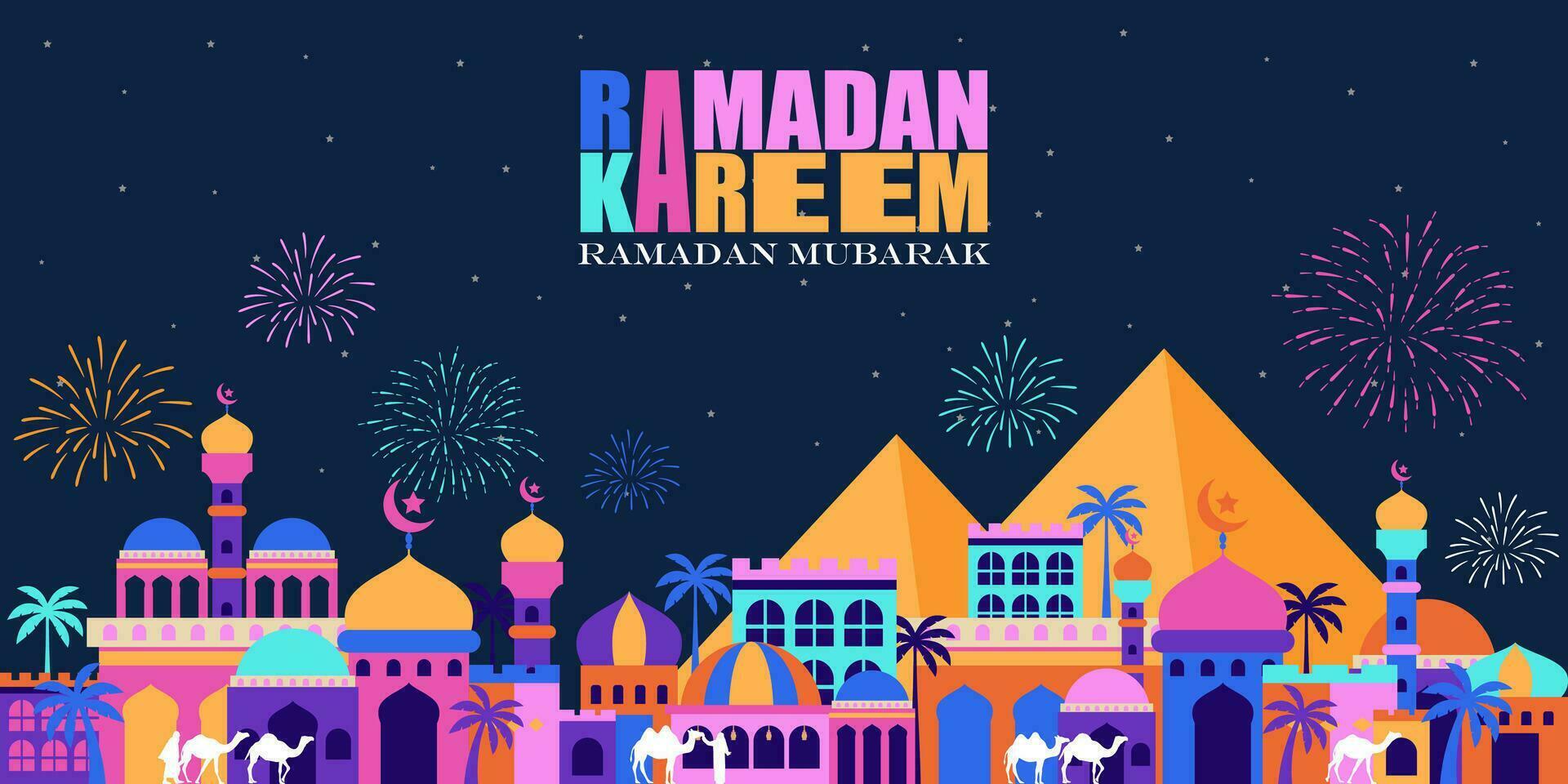 Ramadán kareem antecedentes con árabe noche ciudad vector