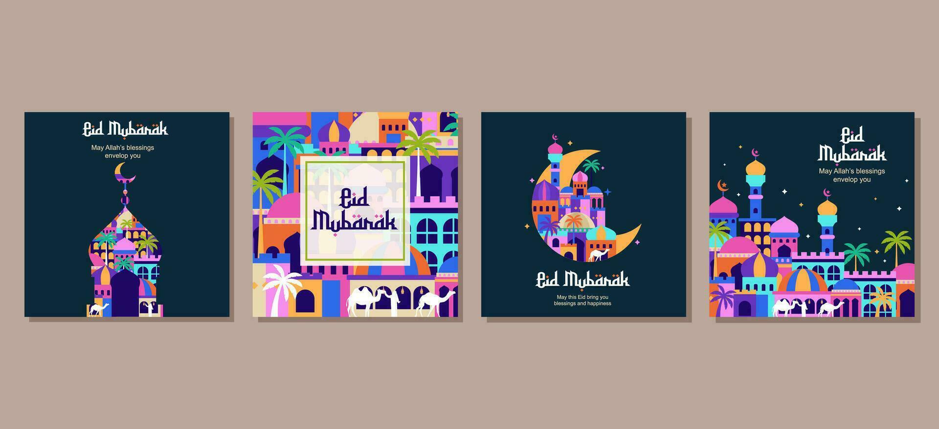 Set of eid mubarak al fitr islamic arabic mosque architecture illustration for a poster banner, cover, social media post template vector