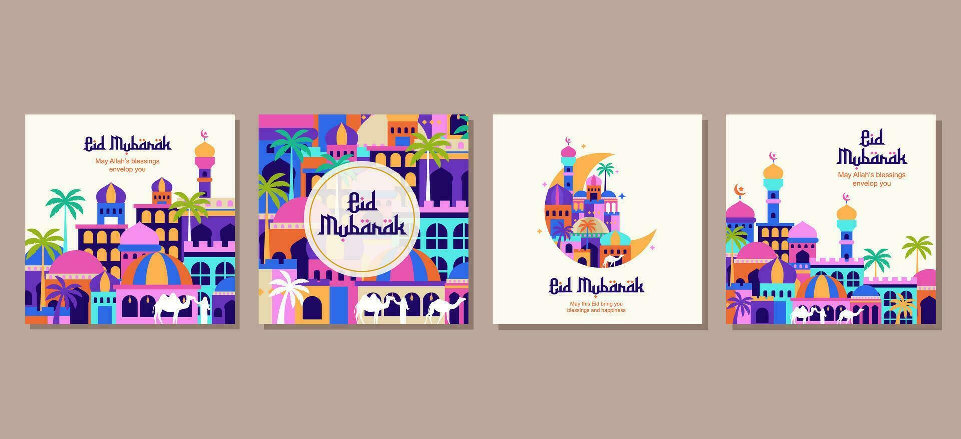 Set of eid mubarak al fitr islamic arabic mosque architecture illustration for a poster banner, cover, social media post template vector