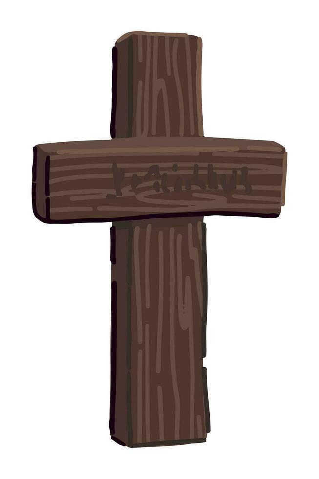 Wooden old grave cross spooky doodle. Halloween vector illustration in cartoon style. Dark theme clipart isolated on white.