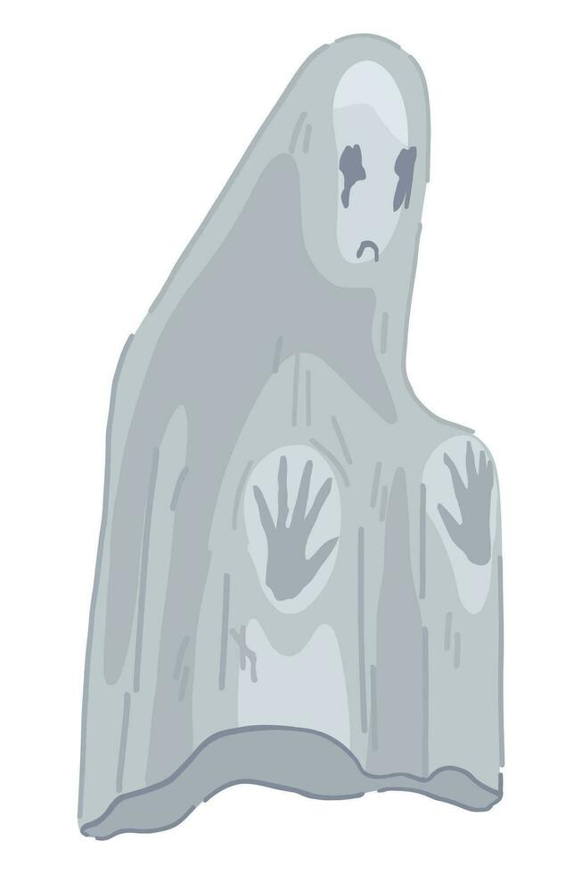 Ghost sad spooky phantom monster doodle. Halloween vector illustration in cartoon style. Dark theme clipart isolated on white.