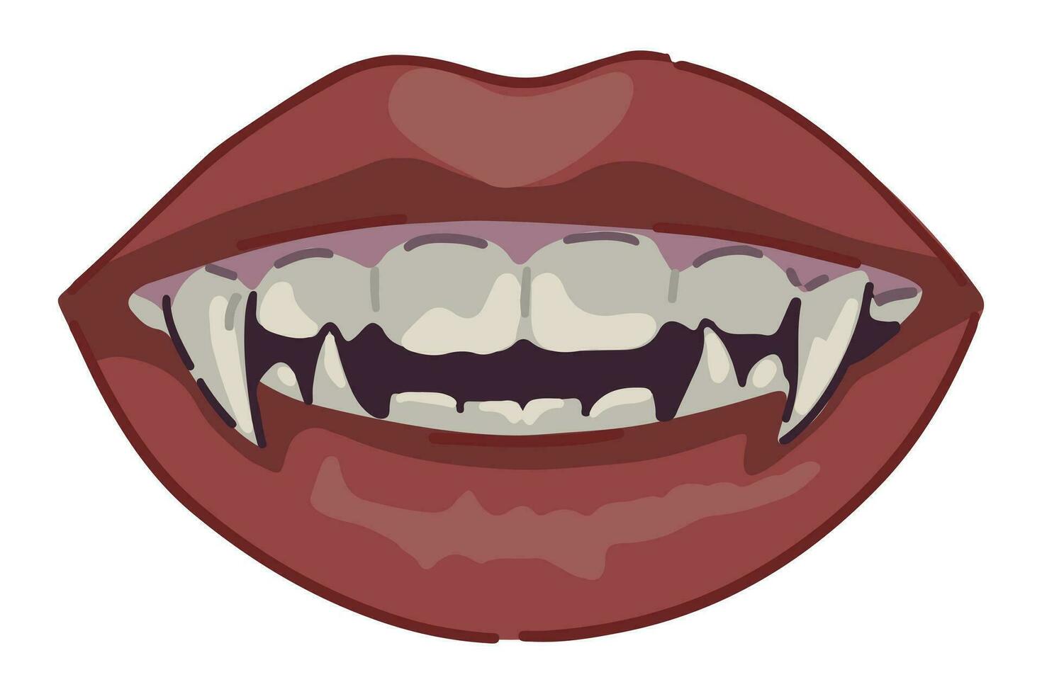 Vampire mouth, open lips, long teeth. Beautiful female lips and sharp fangs. Halloween vector illustration in cartoon style. Dark theme clipart isolated on white.