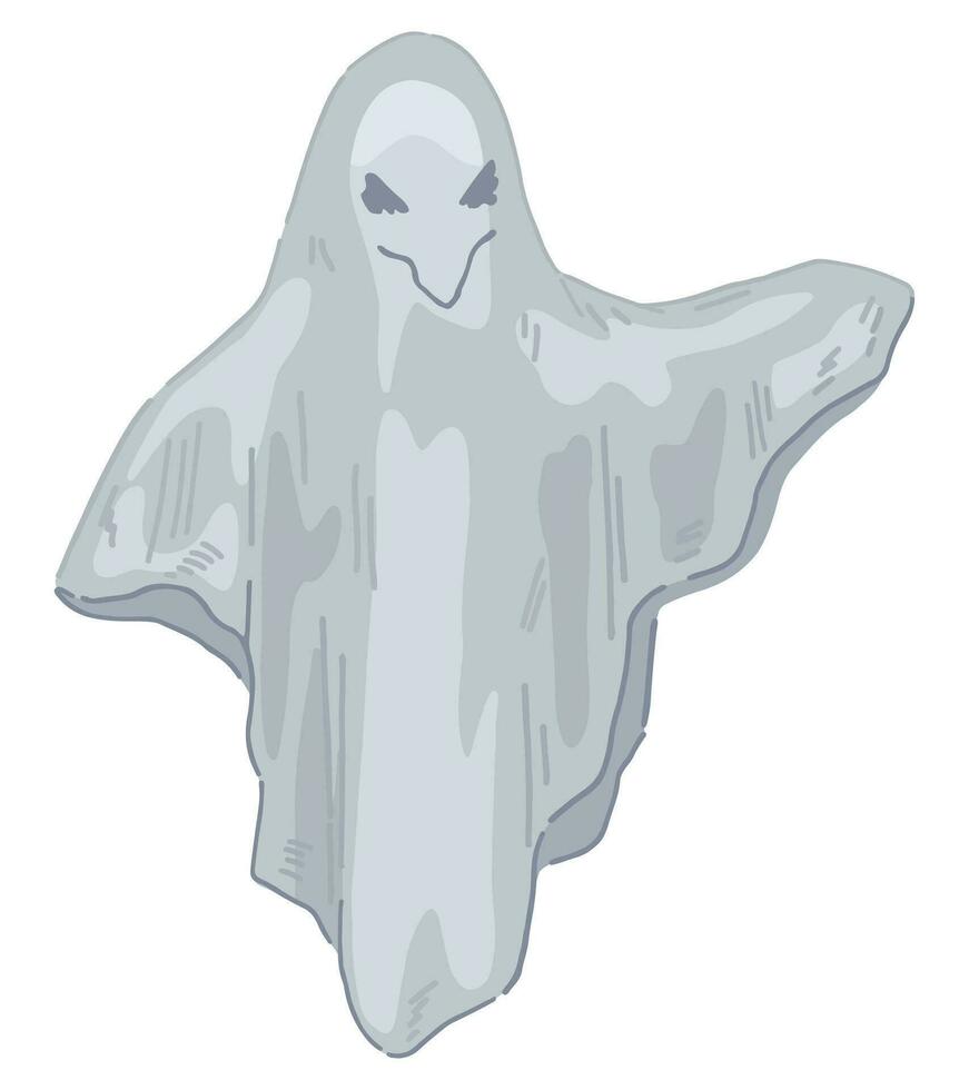 Ghost spooky phantom monster doodle. Halloween vector illustration in cartoon style. Dark theme clipart isolated on white.