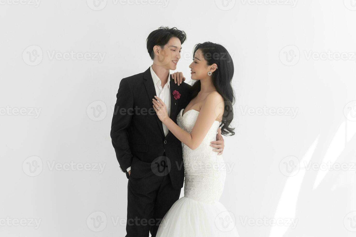 Couple of bride and groom enjoying romantic moments in wedding ceremony, Love, celebration and marriage. photo