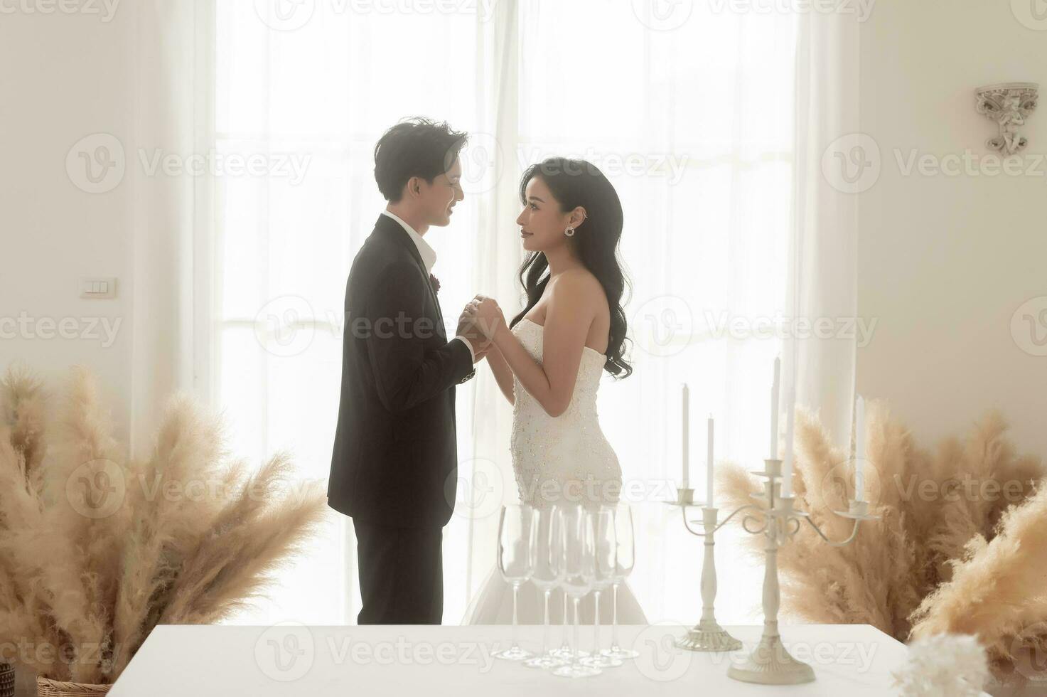 Couple of bride and groom enjoying romantic moments in wedding ceremony, Love, celebration and marriage. photo