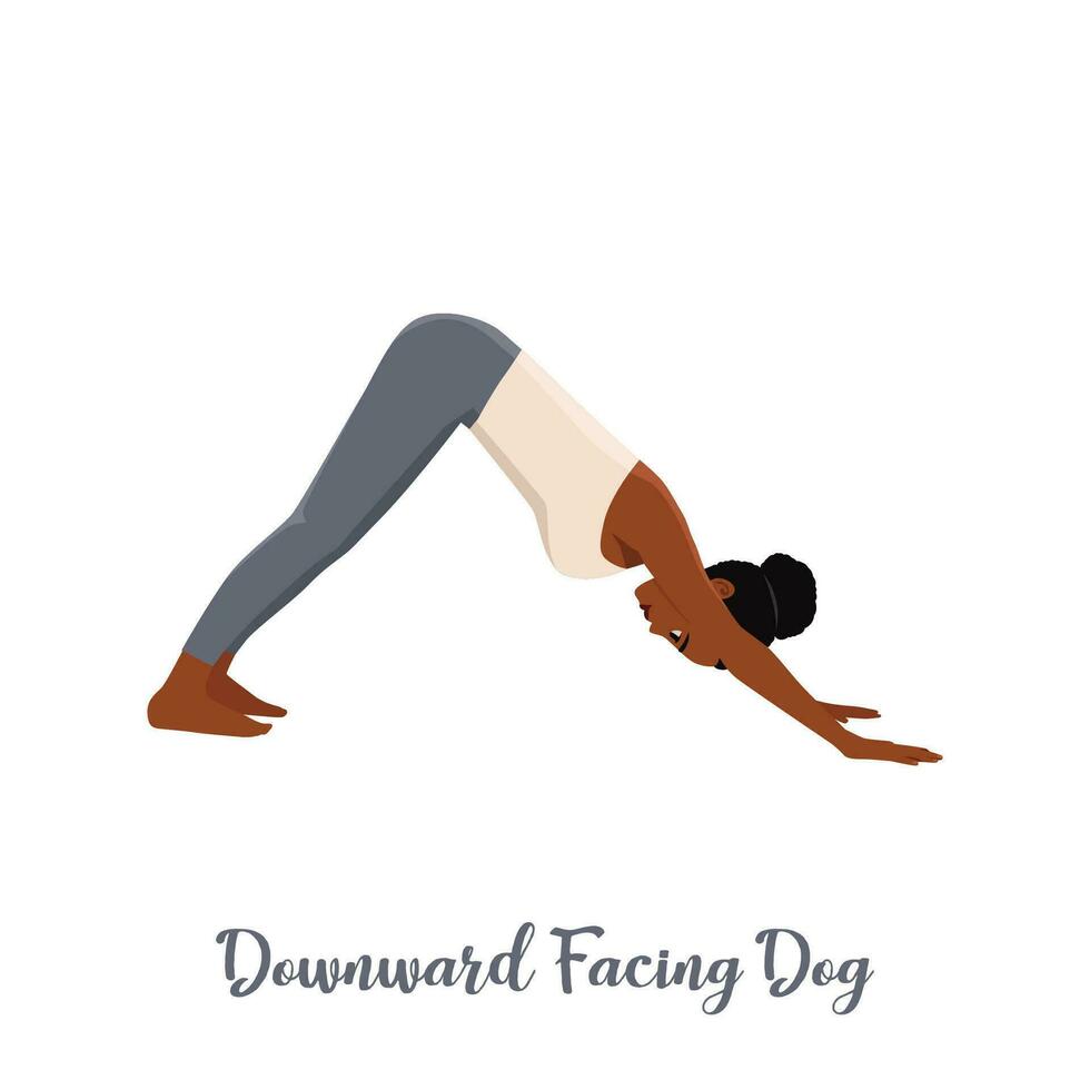 Woman doing Adho Mukha Schwanasana or Downward-facing dog Pose. Hatha yoga. Demonstrating exercise during gymnastics training. vector