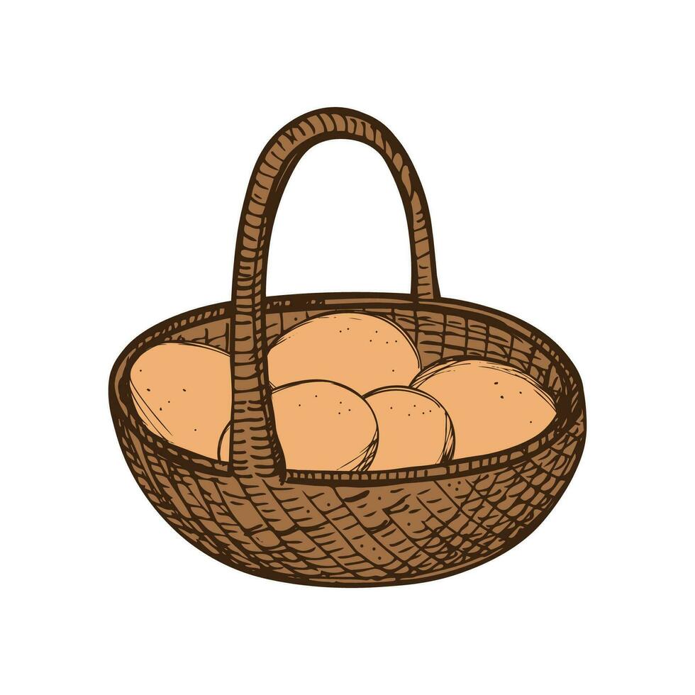 cesta con pollo huevos bosquejo mano dibujado vector ilustración. diseño elemento para Pascua de Resurrección, rebaja huevos, aves de corral granja, alimentos rústico motivo para imprimir, tarjeta, papel, volantes, plantilla, embalaje