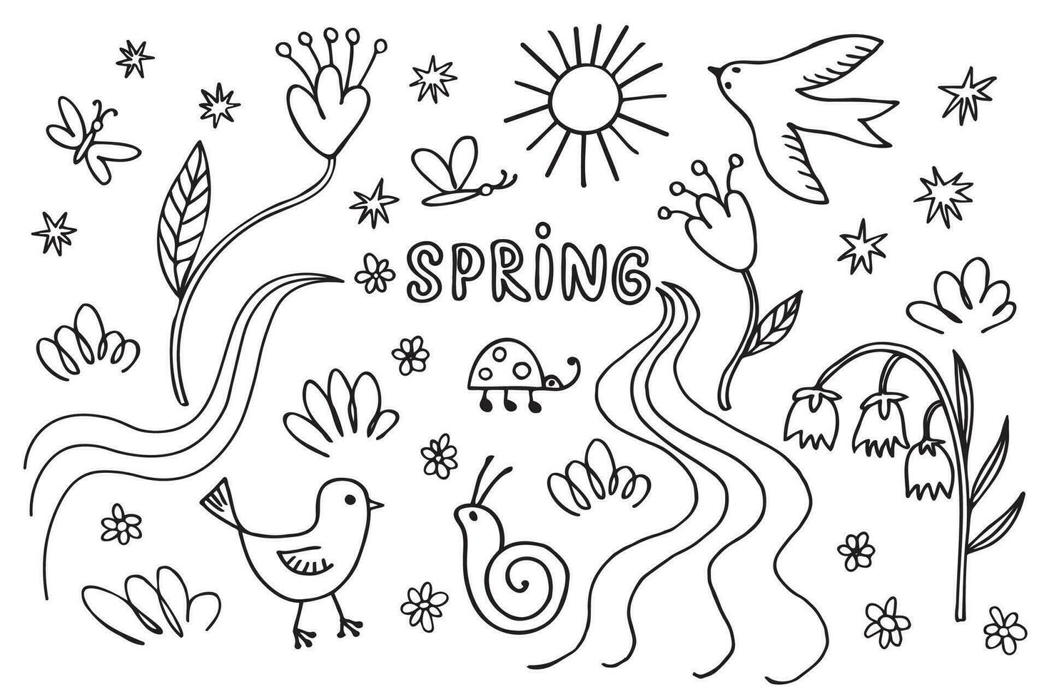 Spring ink sketch hand drawn doodle with stream, bird, blooming plants, flowers, ladybug, chicken, sun, snail, butterfly, grass, lily valley,vernal wild live. Design background for print, paper, card vector