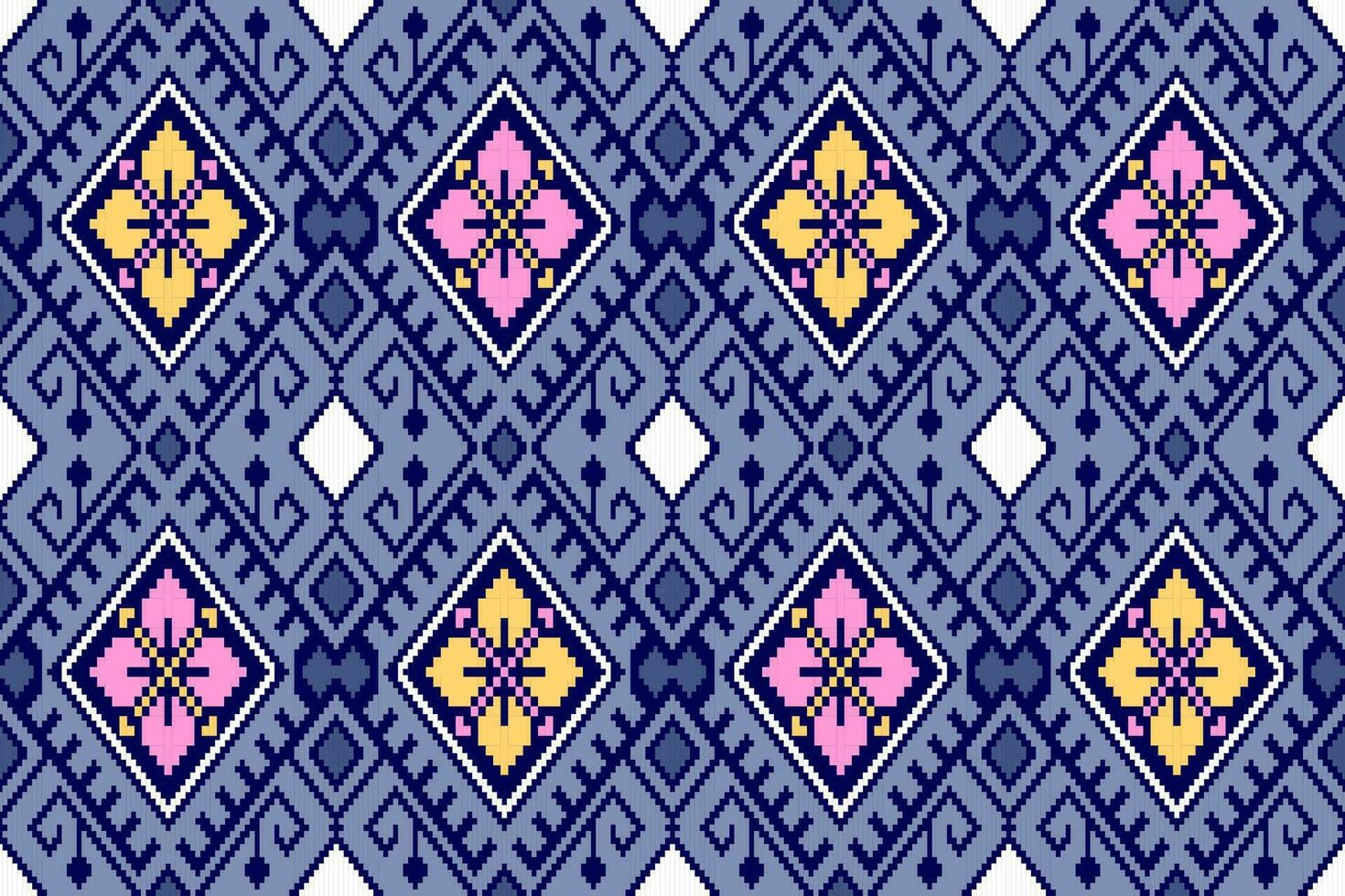 Geometric Thai Ethnic Floral Seamless Pattern in Pixel Art Style.  Vector design for fabric, tile, carpet, wrapping, embroidery, wallpaper, and background