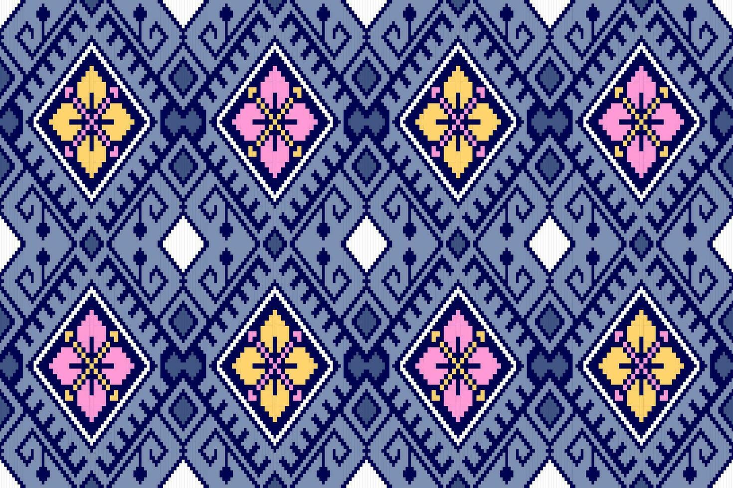 Geometric Thai Ethnic Floral Seamless Pattern in Pixel Art Style.  Vector design for fabric, tile, carpet, wrapping, embroidery, wallpaper, and background