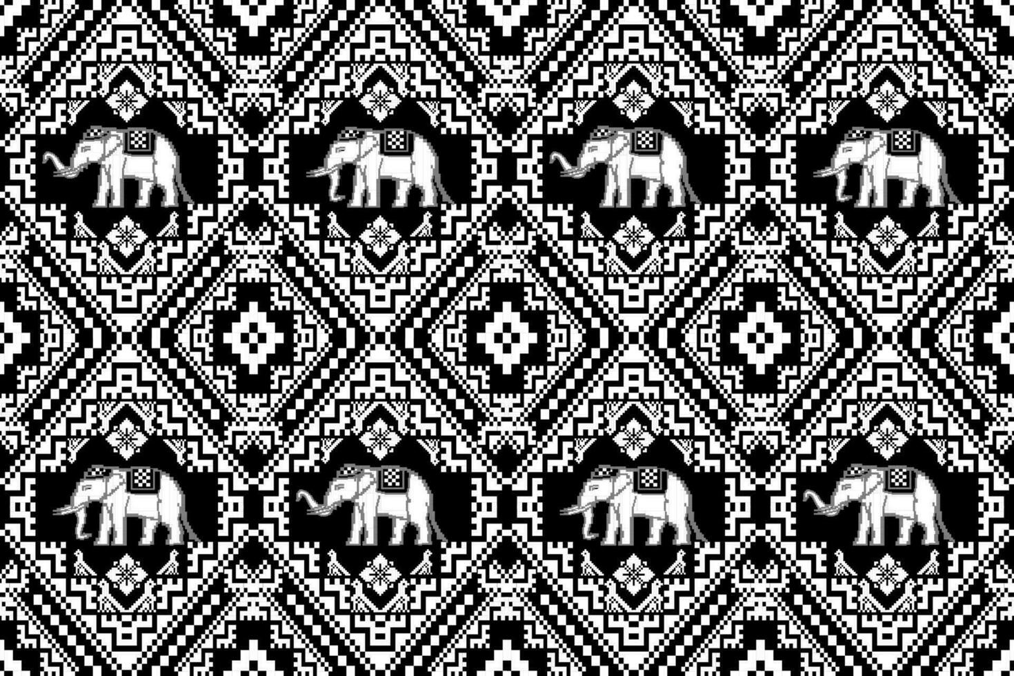 Traditional Thai Elephant Black and White Pixel Art Seamless Pattern. Vector design for fabric, carpet, clothing, embroidery, wallpaper, and background