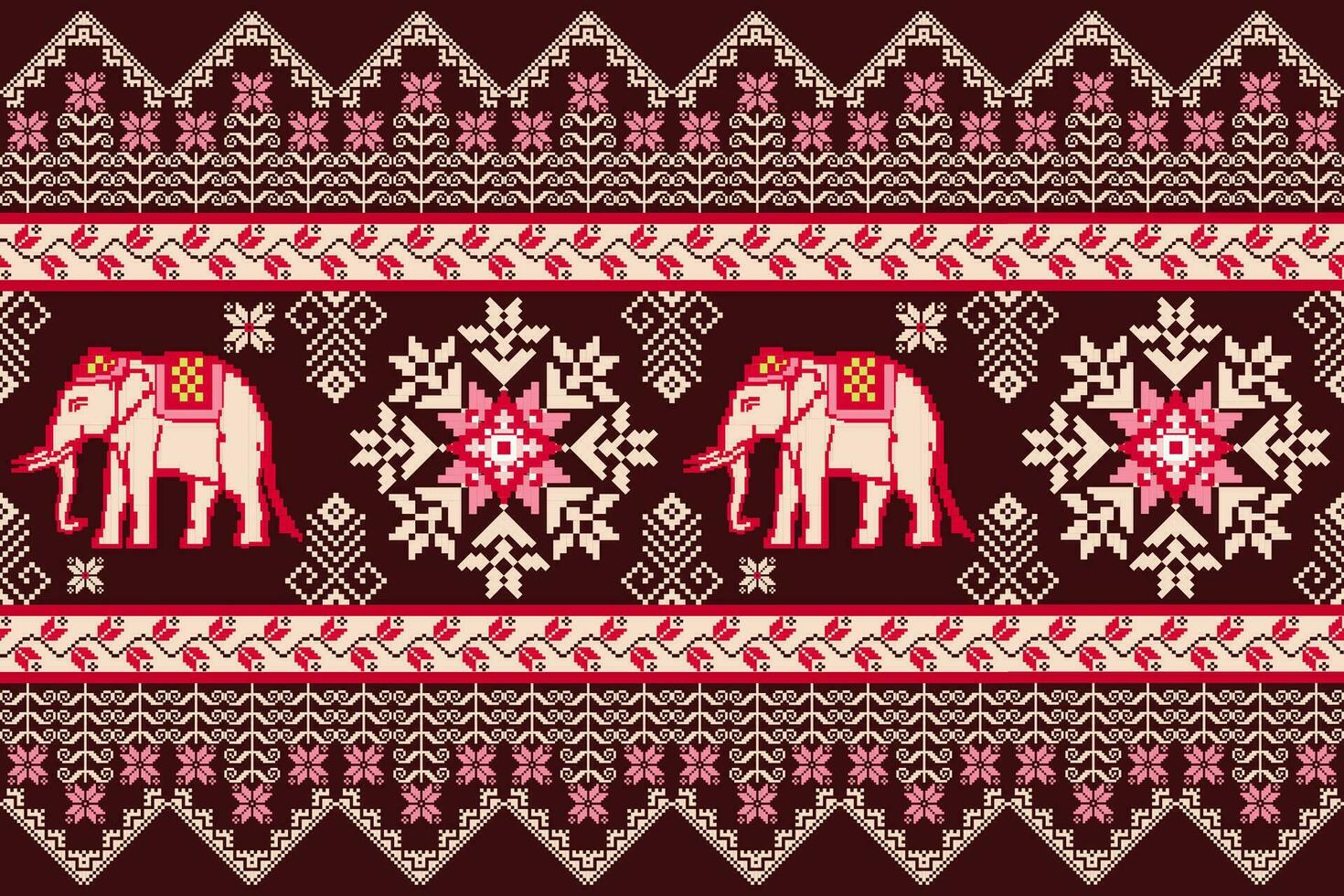 Ethnic Thai Elephant and Floral Pixel Art Seamless Pattern.  Vector Design for fabric, carpet, tile, embroidery, wallpaper, and background