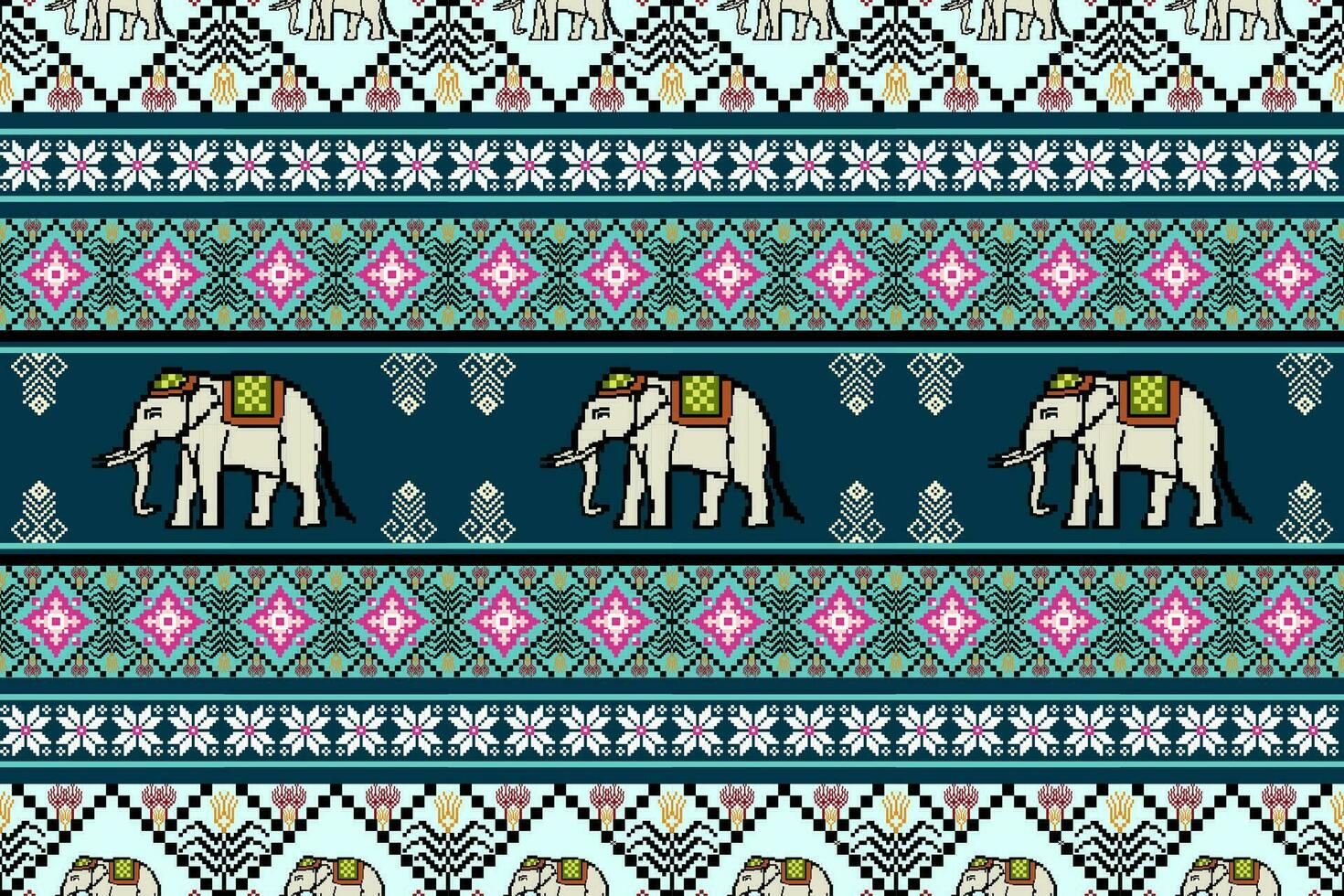 Ethnic Thai Elephant Pixel Art Seamless Pattern.  Vector design for fabric, tile, embroidery, wallpaper and background