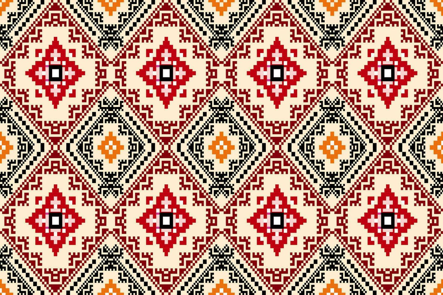 Ethnic Floral Damask Pixel Art Seamless Pattern.  Vector Design for fabric, carpet, tile, embroidery, wallpaper and background