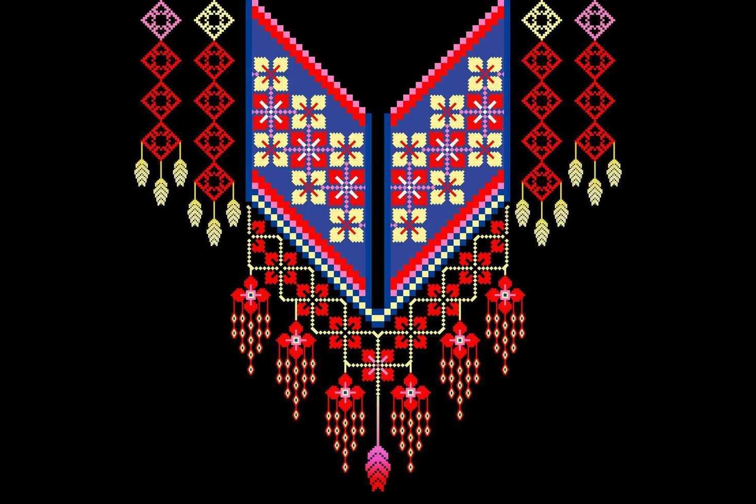 Ethnic Floral Necklace Pixel Art Pattern on Black Background.  Vector embroidery design for fashion, women, wrapping, clothing, wallpaper, and background.