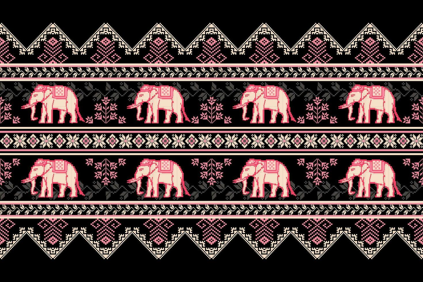 Ethnic Thai Elephant Pixel Art Seamless Pattern on Black Background.  Vector Design for fabric, tile, carpet, embroidery, wallpaper, and background.