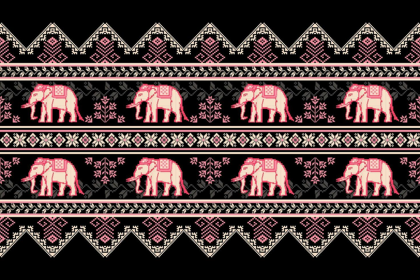 Ethnic Thai Elephant Pixel Art Seamless Pattern on Black Background.  Vector Design for fabric, tile, carpet, embroidery, wallpaper, and background.