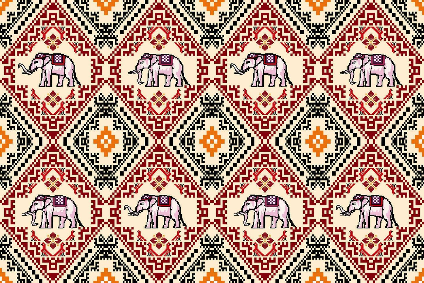 Traditional Thai Elephant Pixel Art Colorful Seamless Pattern.  Vector design for fabric, tile, embroidery, wallpaper, and background