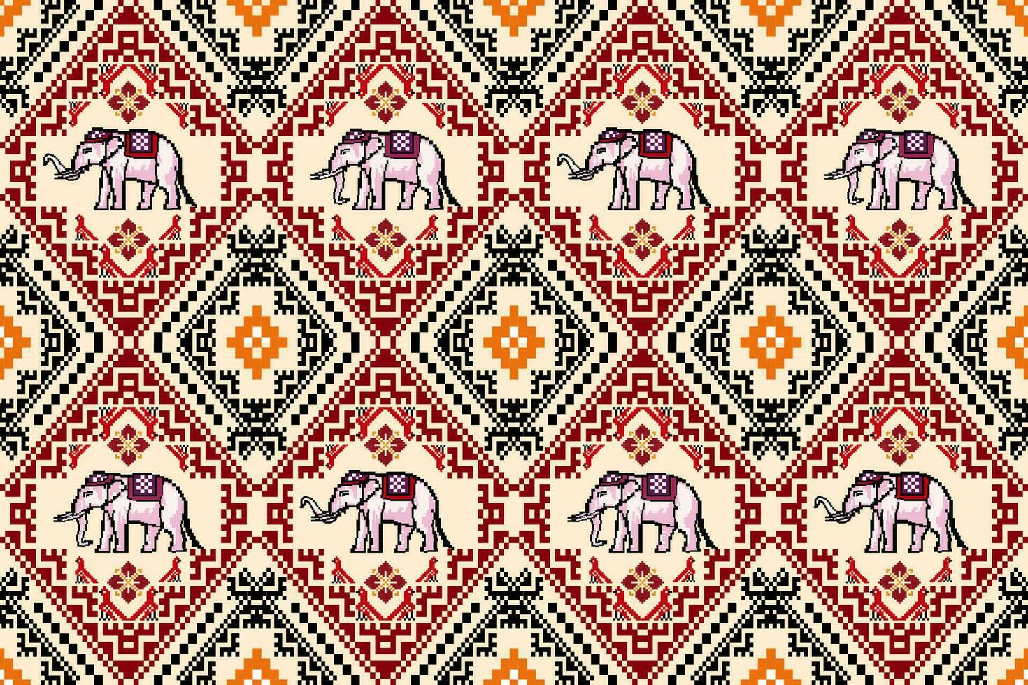 Traditional Thai Elephant Pixel Art Colorful Seamless Pattern.  Vector design for fabric, tile, embroidery, wallpaper, and background