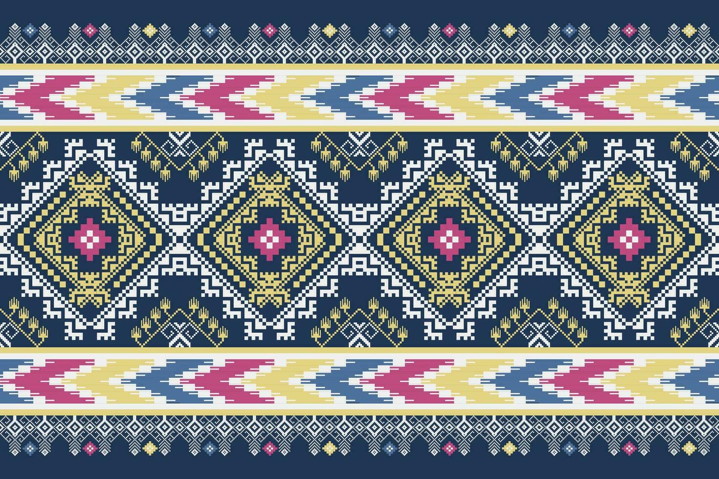 Ethnic Thai Floral Pixel Art Seamless Pattern.  Vector design for fabric, carpet, tile, embroidery, wallpaper and background