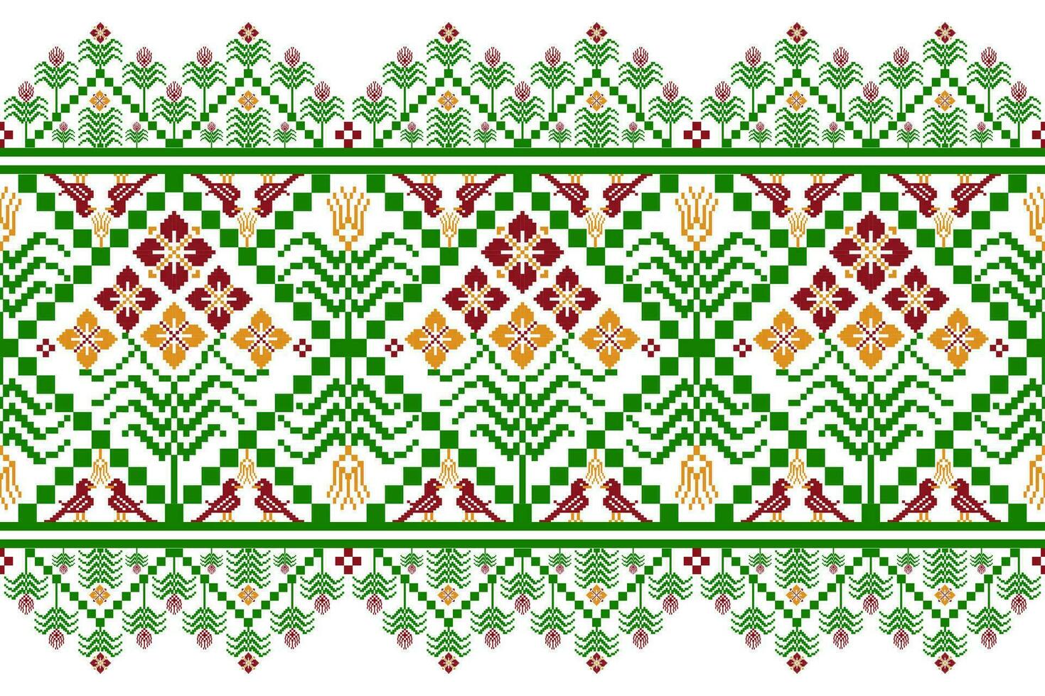 Traditional Floral Pixel Art Seamless Pattern.  Vector design for fabric, tile, embroidery, carpet, background, and wallpaper