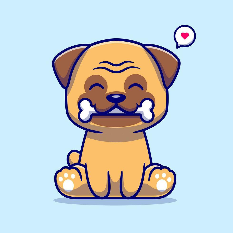 Cute Pug Dog Bite Bone Cartoon Vector Icon Illustration. Animal Food Icon Concept Isolated Premium Vector. Flat Cartoon Style