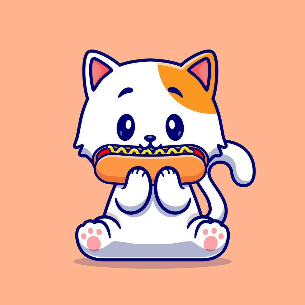 Cute Cat Eating Hotdog Cartoon Vector Icon Illustration. Animal Food Icon Concept Isolated Premium Vector. Flat Cartoon Style