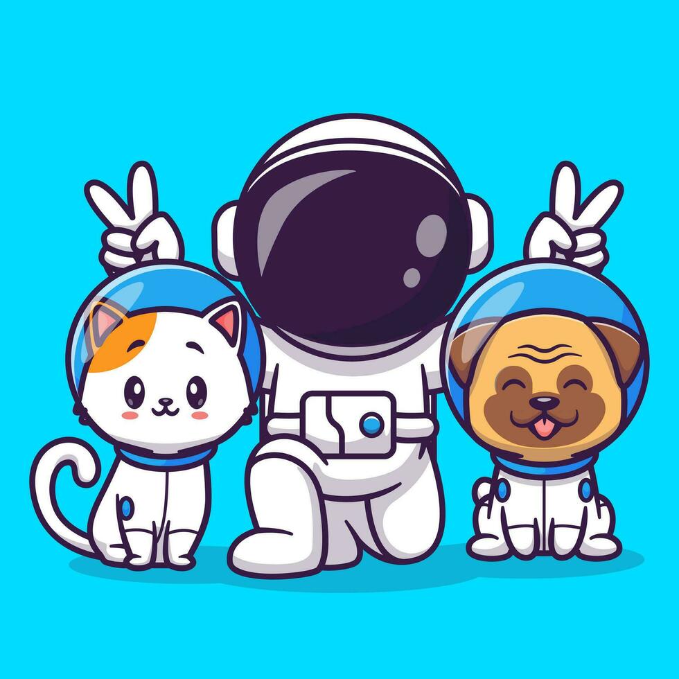 Cute Astronaut With Cat And Pug Dog Cartoon Vector Icon Illustration. Science Animal Icon Concept Isolated Premium Vector. Flat Cartoon Style