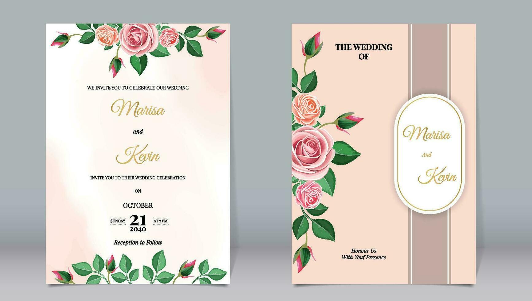 Luxury wedding invitation of beautiful rose flowers and gold line oval ornament on a simple minimalist background vector