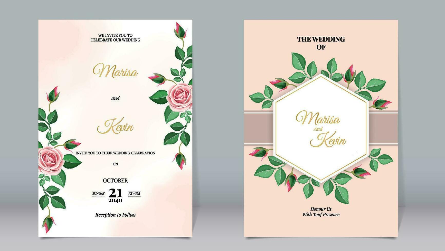 Luxury wedding invitation beautiful rose flowers and gold line polygons on a simple minimalist background vector