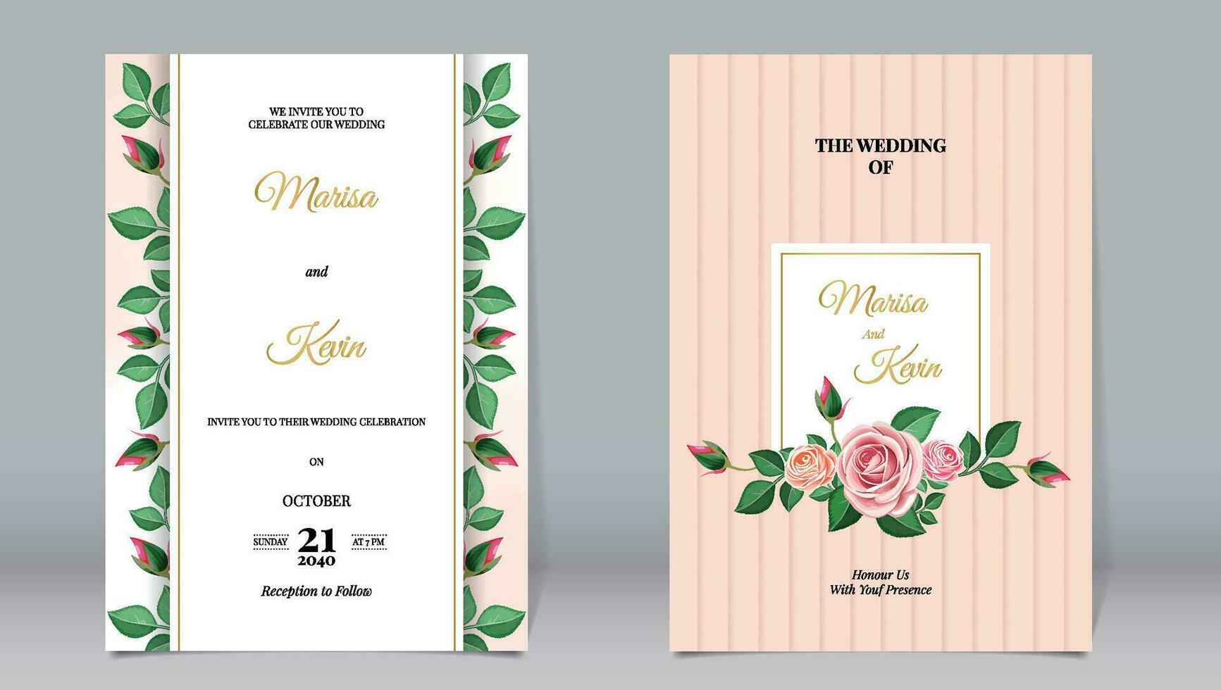 Luxury wedding invitation with beautiful roses and line ornaments on a simple minimalist background vector