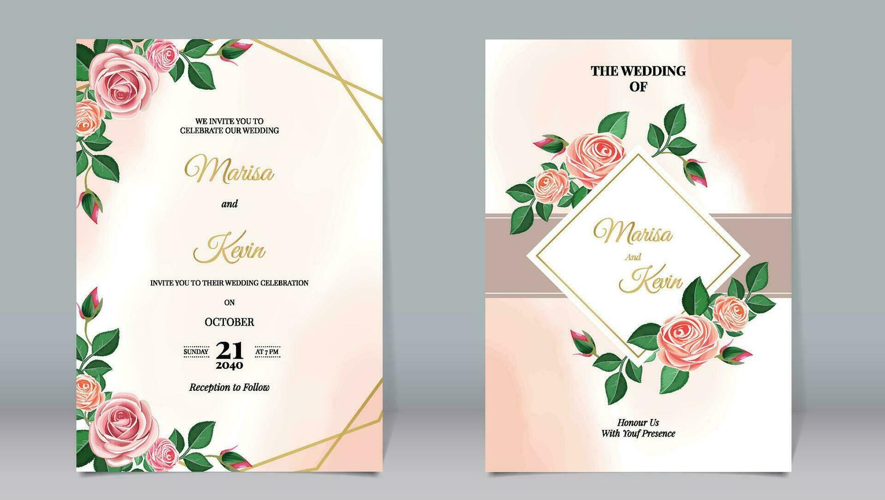 Luxury wedding invitation beautiful rose flowers and gold line ornament on watercolor background vector