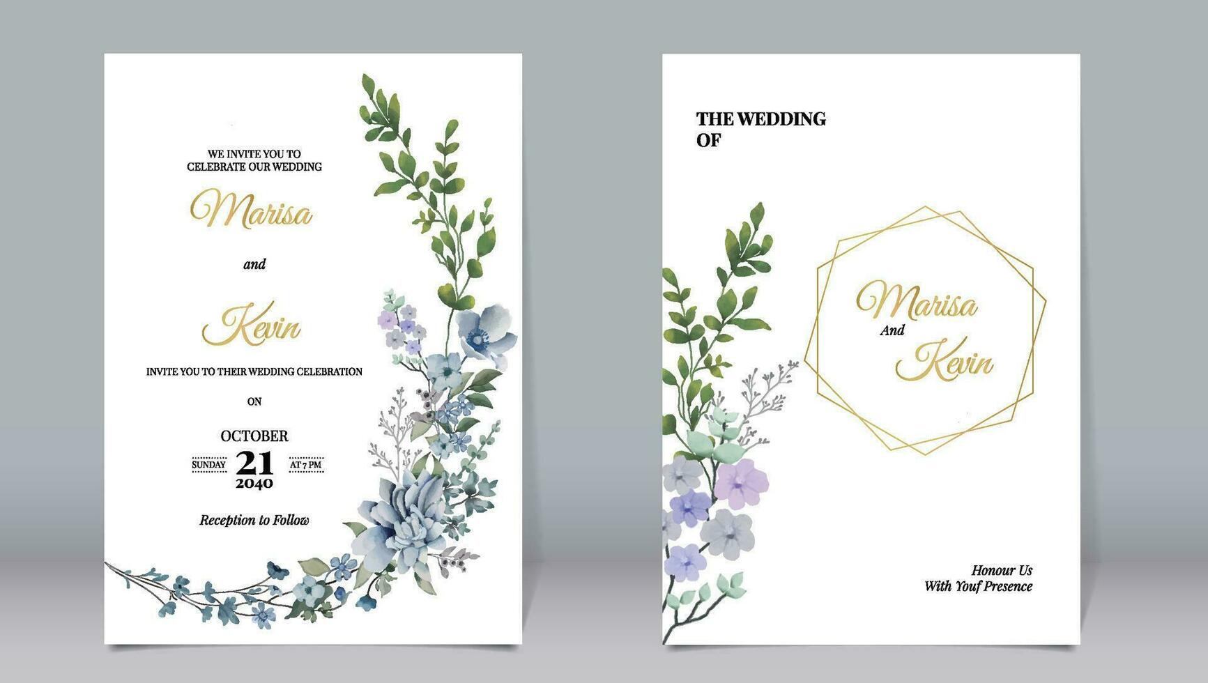 Elegant wedding invitation with various watercolor style gold line elements and white background vector