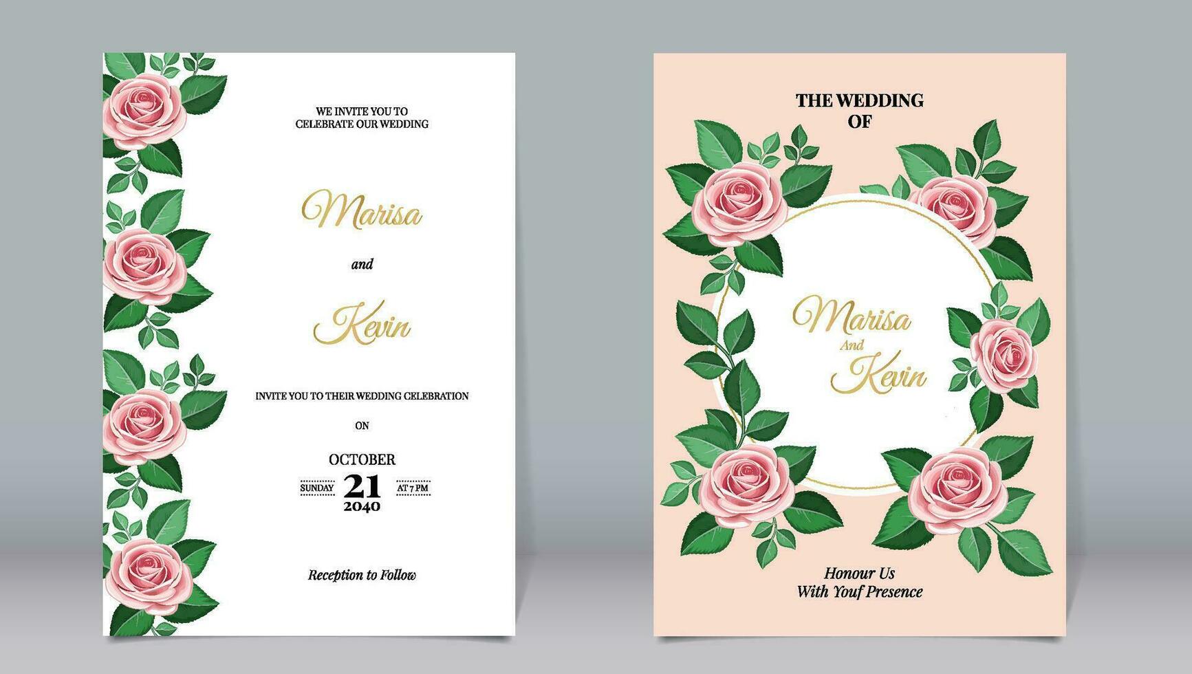 lujo Boda invitación hermosa Rosa flores y hojas con sencillo antecedentes vector