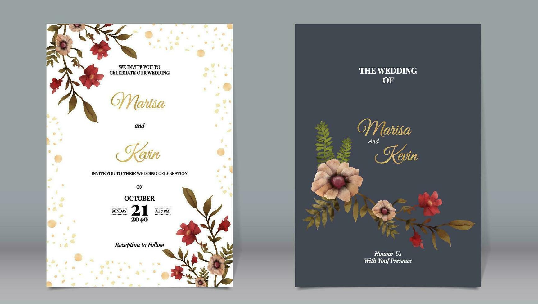 Luxury wedding invitation beautiful red flowers and leaves vintage botanical garden watercolor style with simple background vector