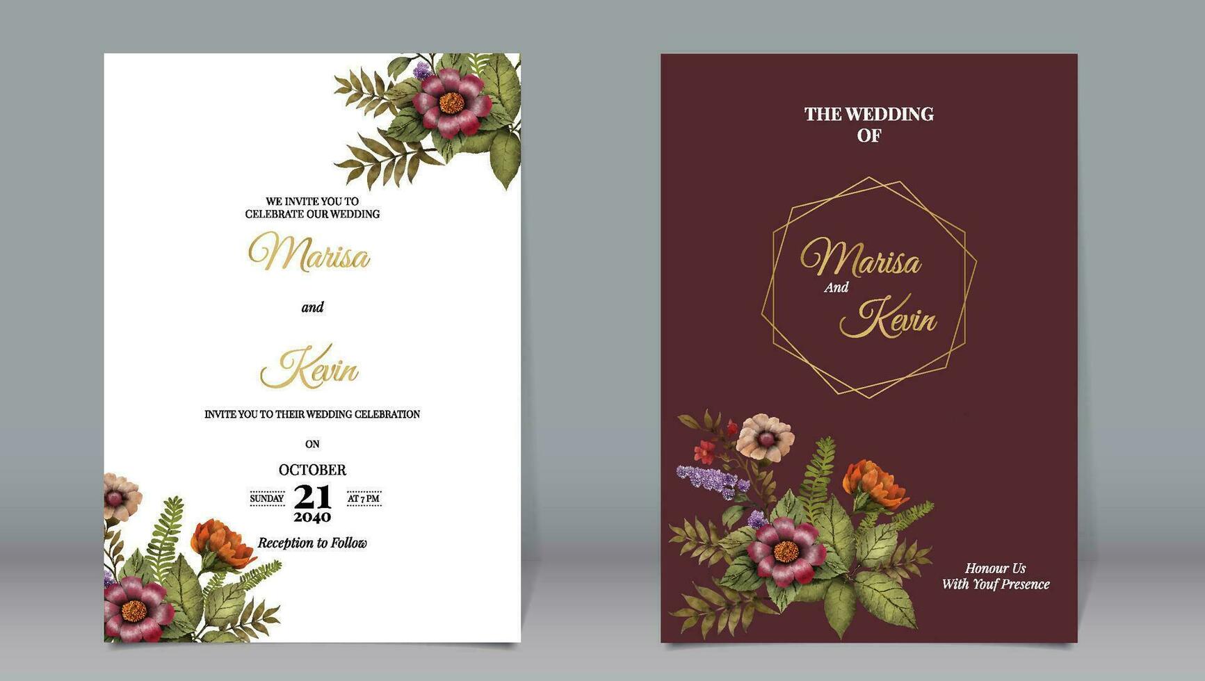 Luxury wedding invitation vintage botanical garden watercolor style flowers and leaves with simple background vector