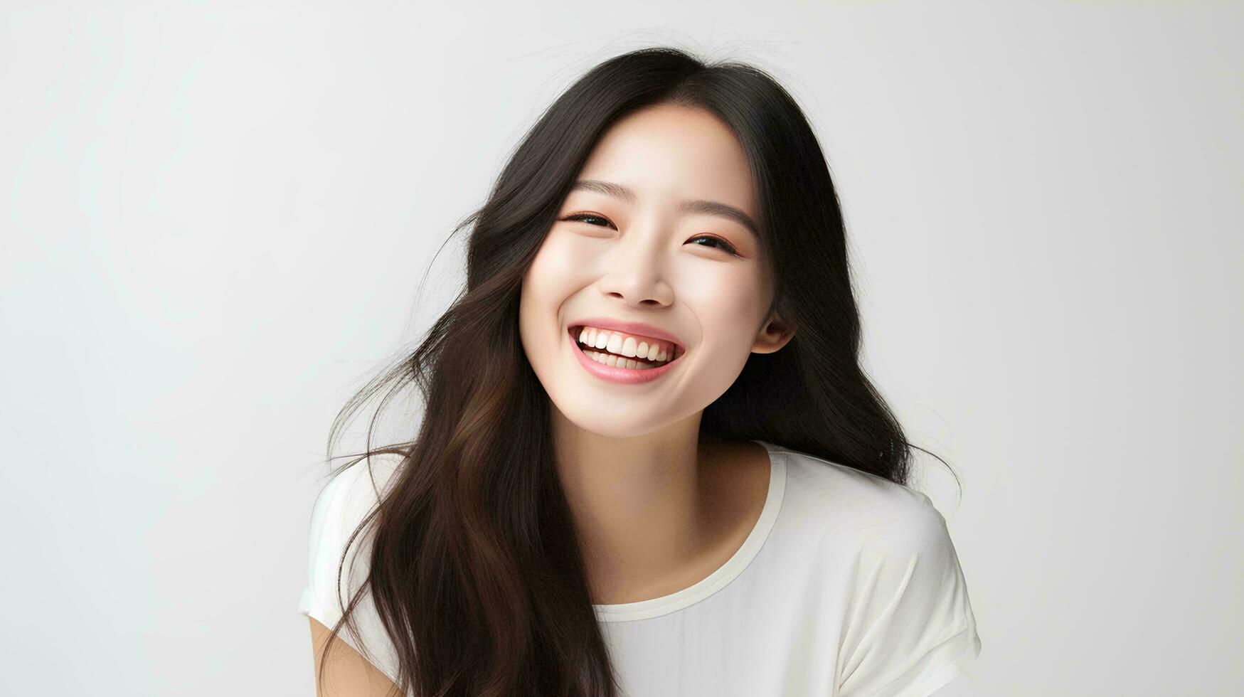 AI generated professional studio photo of beautiful young white Japanese  female model with perfectly clean teeth with laughing expression, isolated  white background 36444898 Stock Photo at Vecteezy