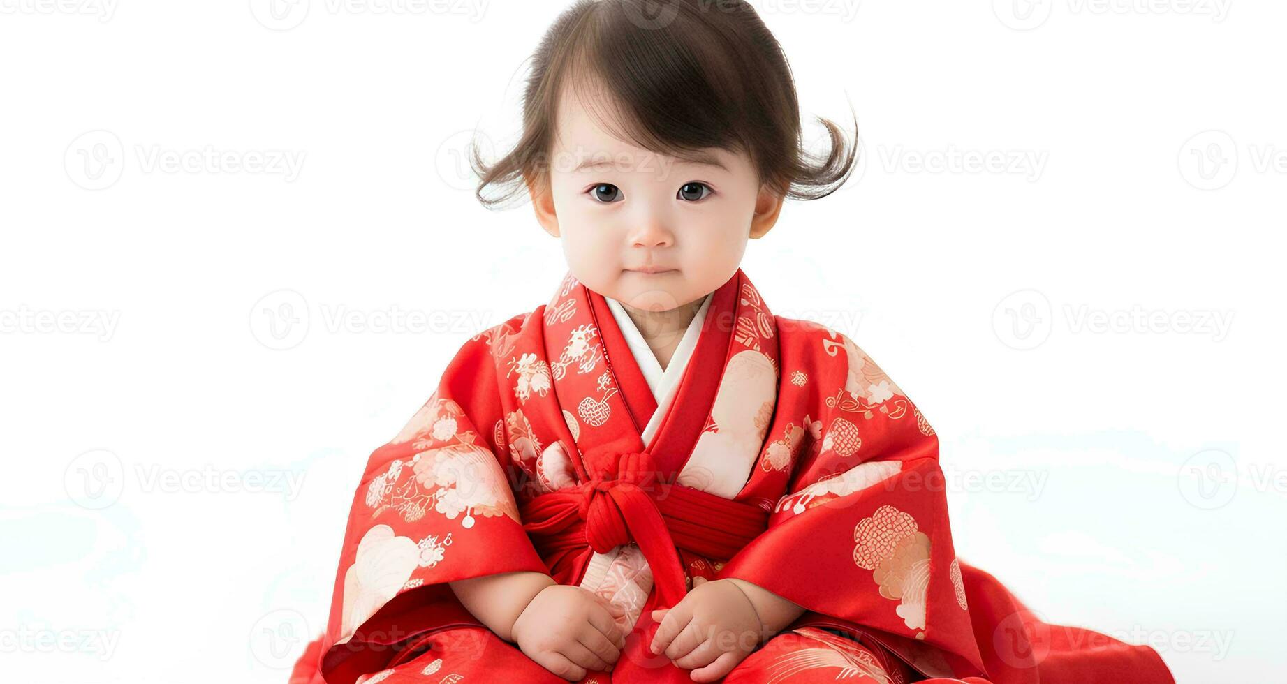 AI generated portrait of Japanese baby girl model wearing cute kimono, 8 month old baby, studio photo, isolated white background, for advertising and web design photo