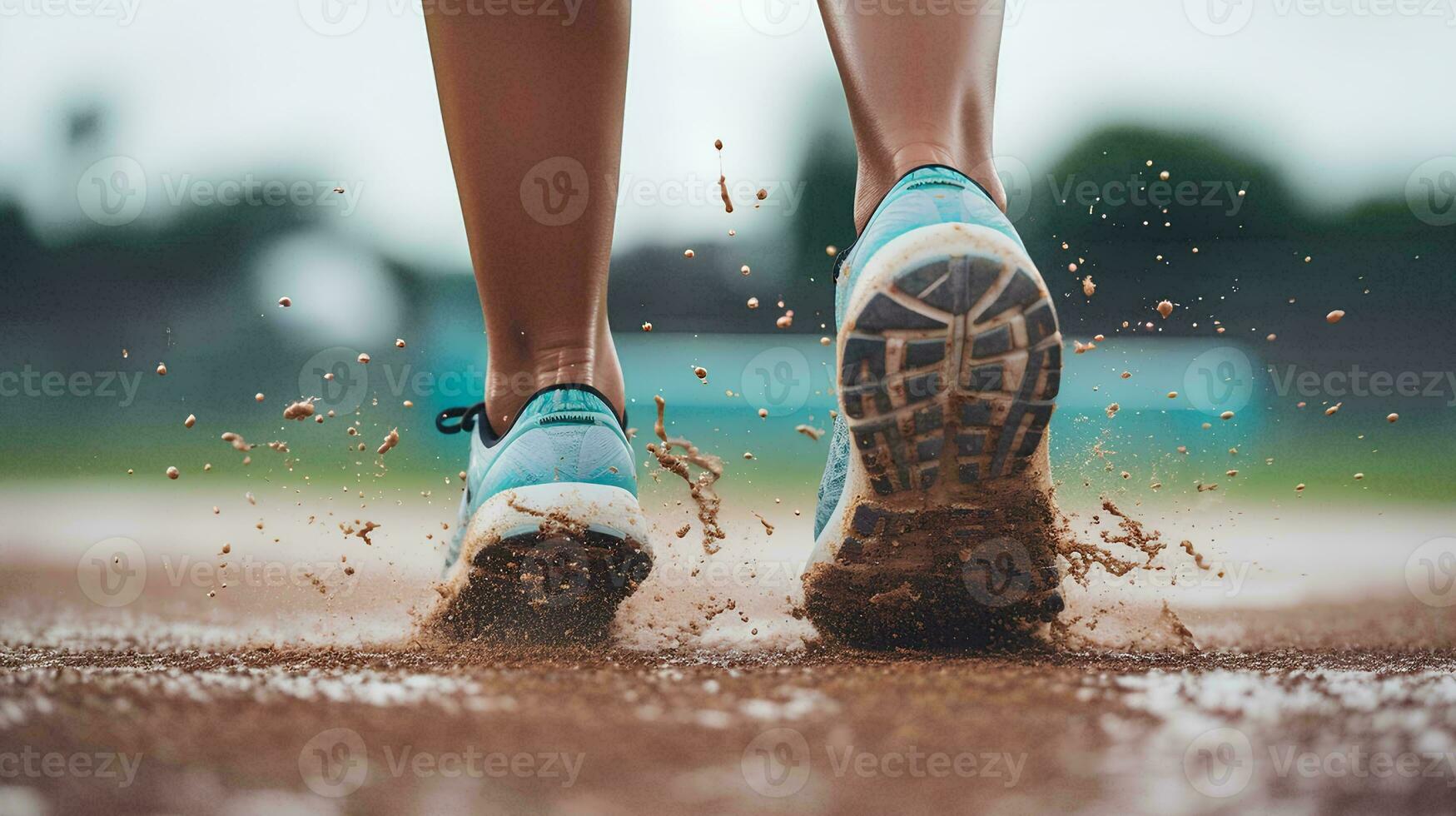 AI generated The back view of a woman's feet in sports shoes jogging on the field when it rains gives the effect of water splashing on the soles of the shoes photo