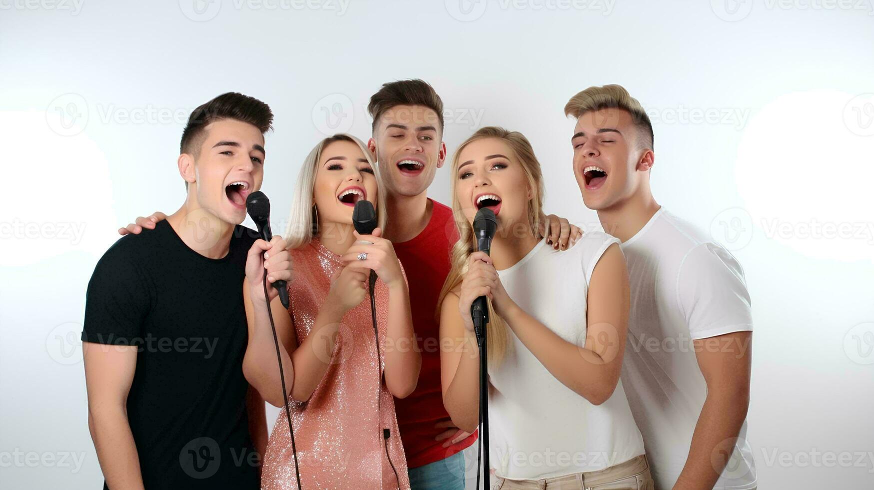 AI generated group of young people singing, holding microphone, studio photo, isolated white background photo