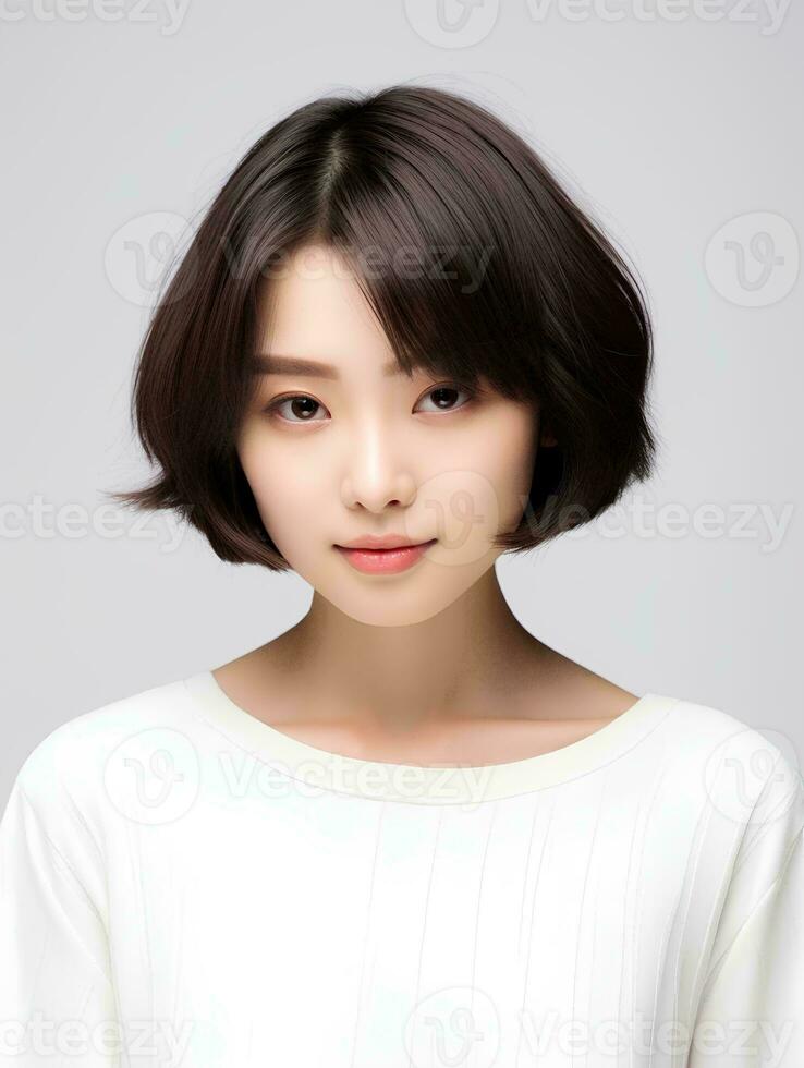 AI generated Portrait of beautiful Japanese woman with short bob haircut, isolated white background, AI Generative photo