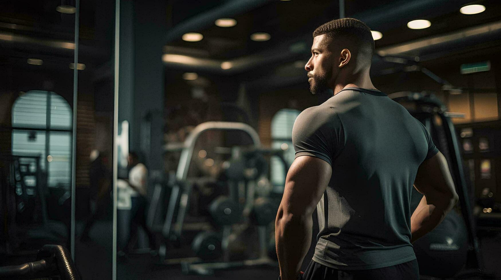 ai generado lado ver retrato de un deportista mirando a formación equipo, con un gimnasio en el antecedentes foto